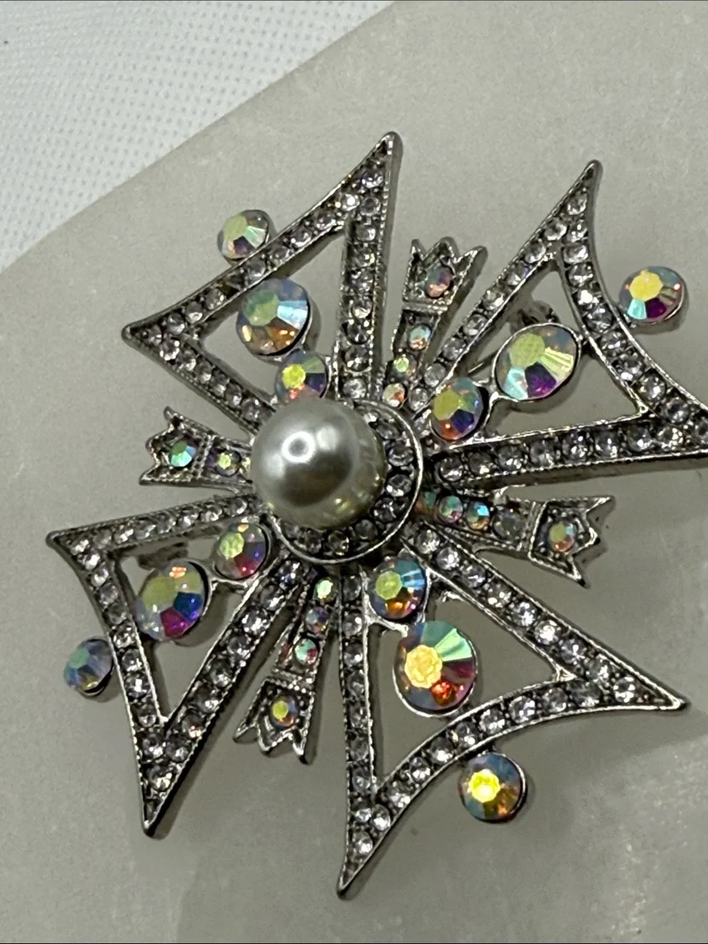 High end Vintage Aurora Borealis pave rhinestone  Cross Brooch faux Pearl Center